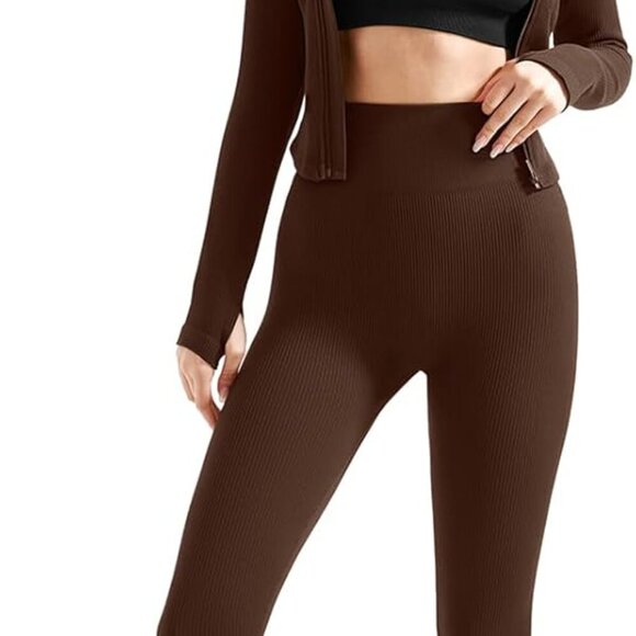 Women 2 Piece Seamless Ribbed Workout Sets With Zip Up Jacket High Waisted Gym Y - Picture 4 of 6